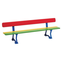 Banc multicolore en lames de bois et structure en acier pour enfants