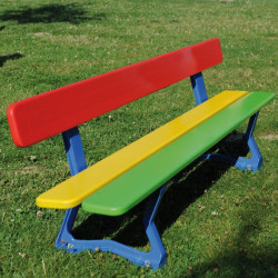 Banc multicolore en lames de bois et structure en acier pour enfants