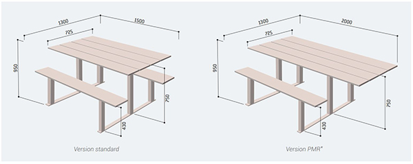 Dimensions table de pique nique classique et PMR