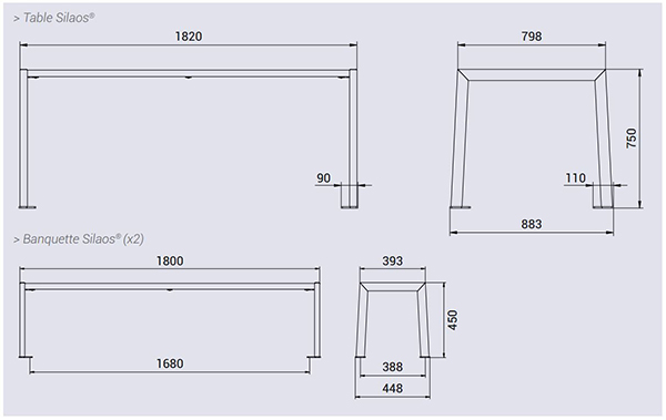 Dimensions table de pique nique et bancs Silaos