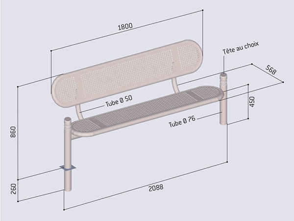 Dimensions banc en acier Estoril