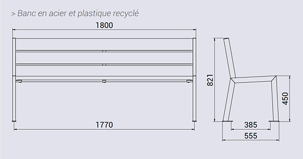 Vue éclatée banc public en plastique recyclé