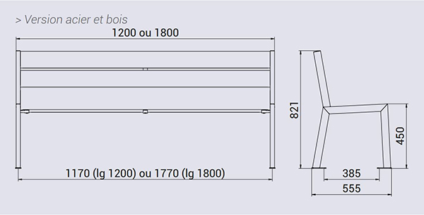 Dimensions du banc en acier et bois Silaos