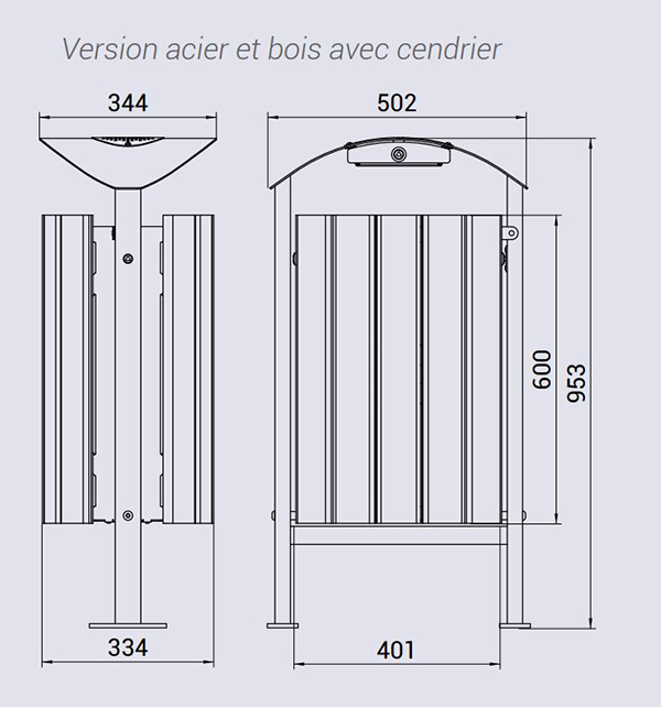 Vue éclatée corbeille de ville  métal et bois Sialos