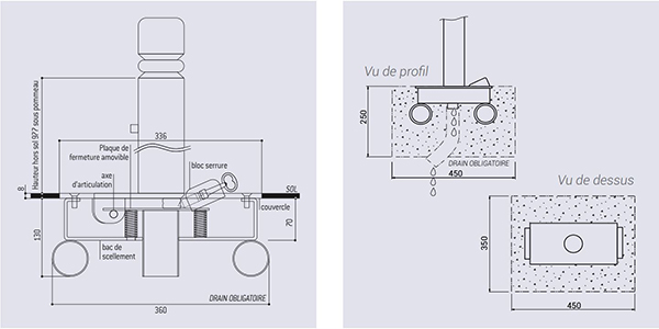 Vue scellement potelet rabattable