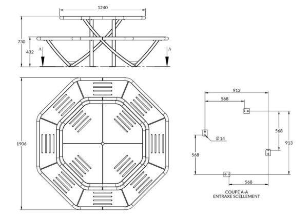 Dimensions table piquenique octogonale en compact stratifié vue ensemble tbale piquenique octogonale en compact stratifié